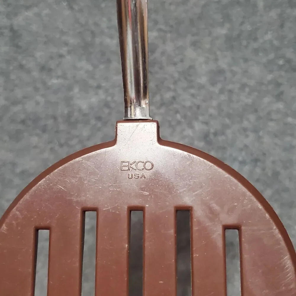 Vintage Ekco Spatula Brown And Tan Slotted Vegetable Logo Kitchen Utensil USA